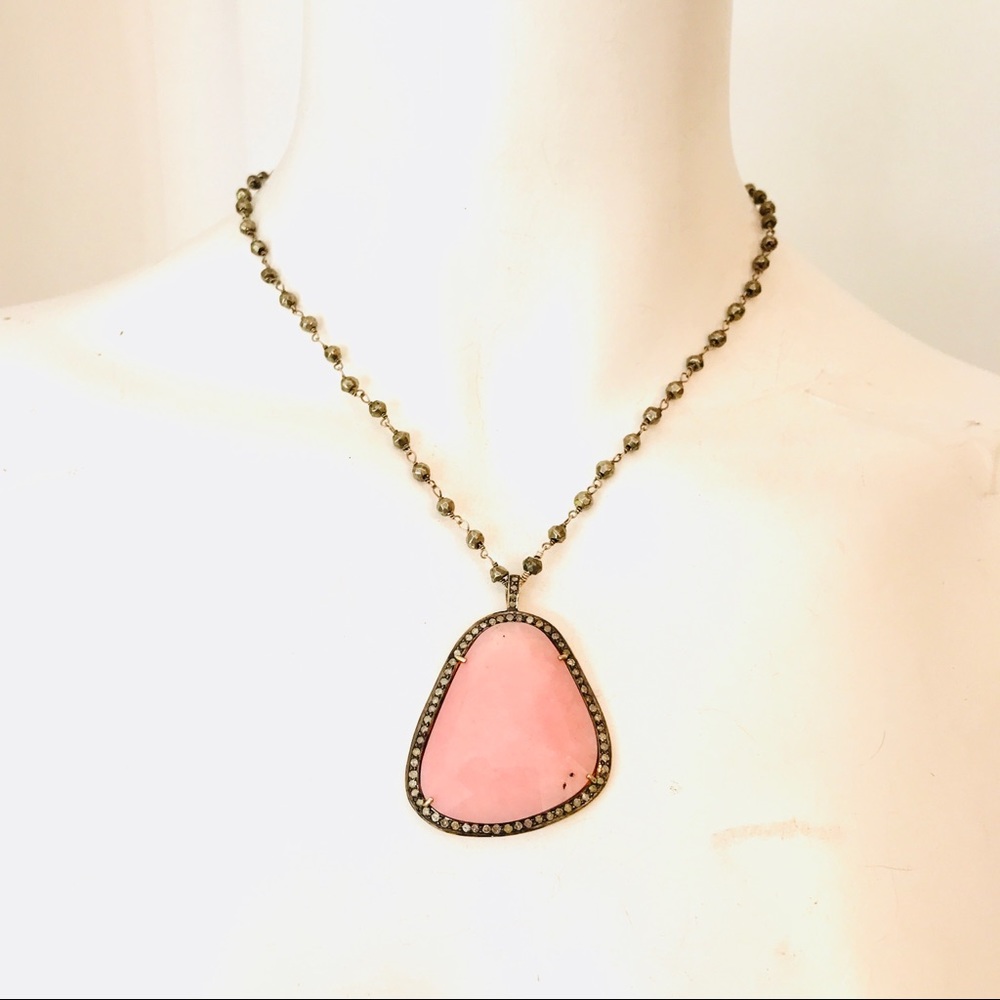 Sliced Pink Opal Pave Diamond Pendant Necklace